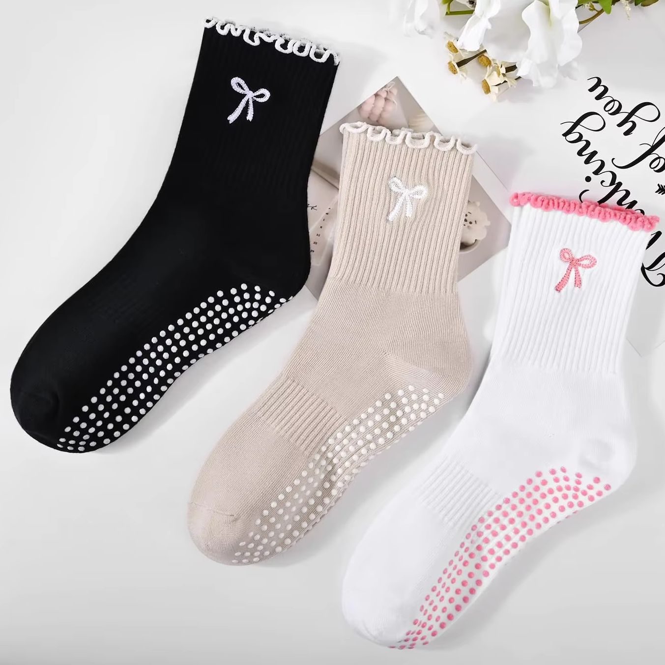 Medias Para Pilates Y Yoga - 3組の滑り止めグリップ付きピラティスソックス、純綿通気性ヨガソックス、高弾性吸汗性ミッドカーフソックス
